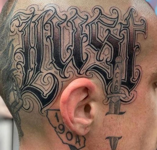 Trust’ lettering head tattoo – Aloha Tattoo Waikiki, Hawaii lettering tattoos.