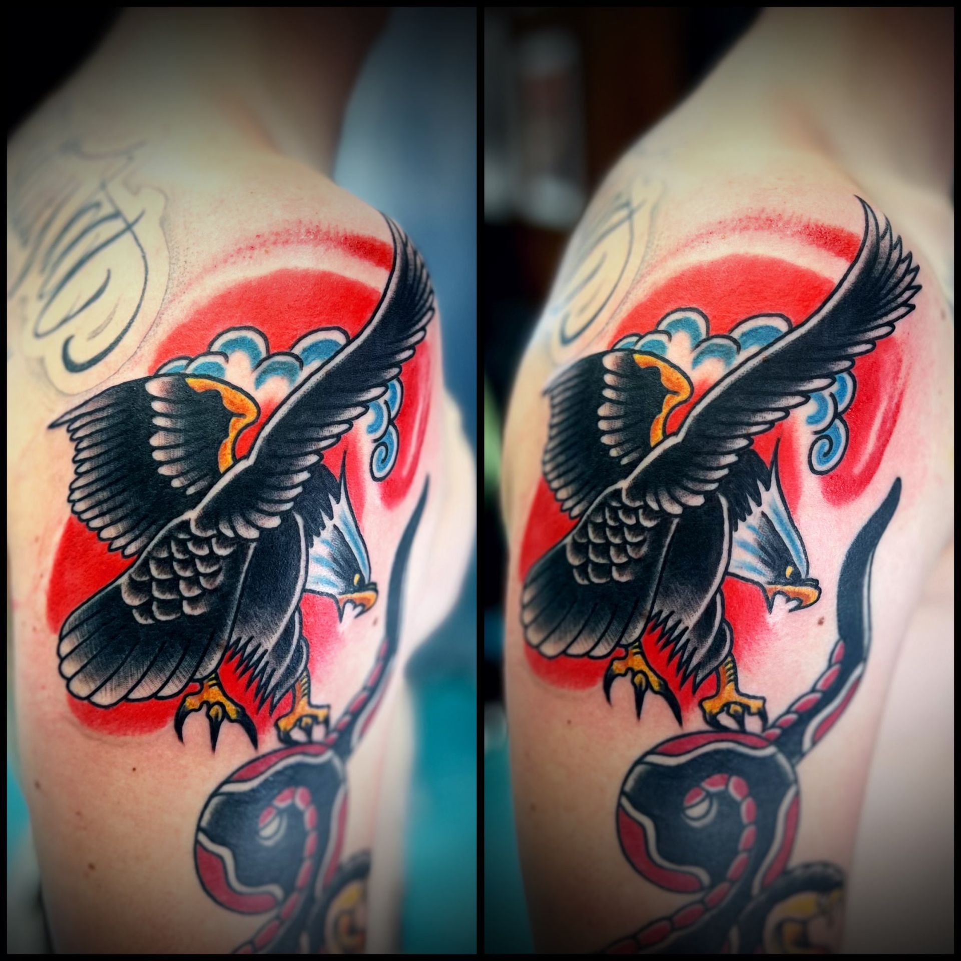 A tattoo of an eagle and a snake on a person 's arm