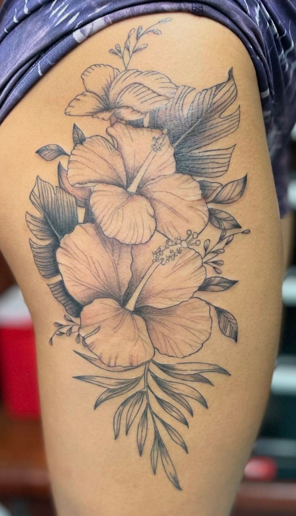 Thigh Hibiscus Tattoo by Kindall