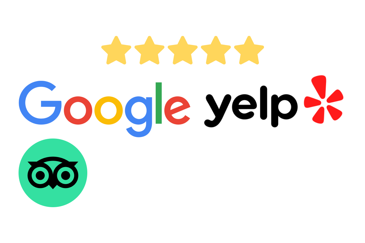 A google yelp logo with five stars and a tripadvisor logo.