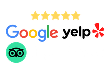 A google yelp logo with five stars and a tripadvisor logo.