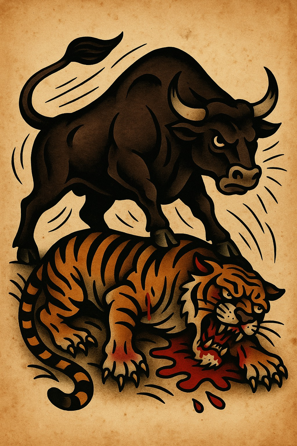 Ox defeating Tiger graphic made by Aloha Tattoo
