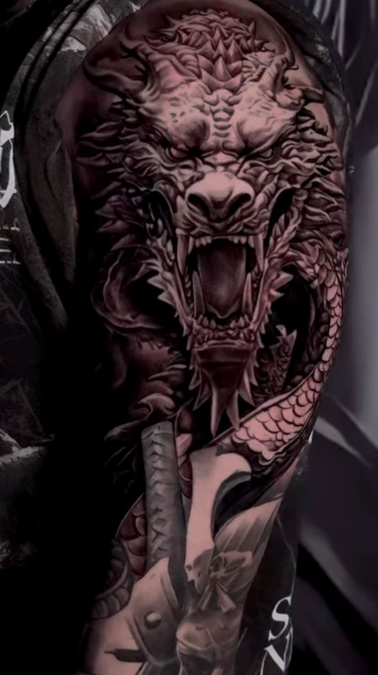 Black and white dragon tattoo by Waikiki artist, Yudel