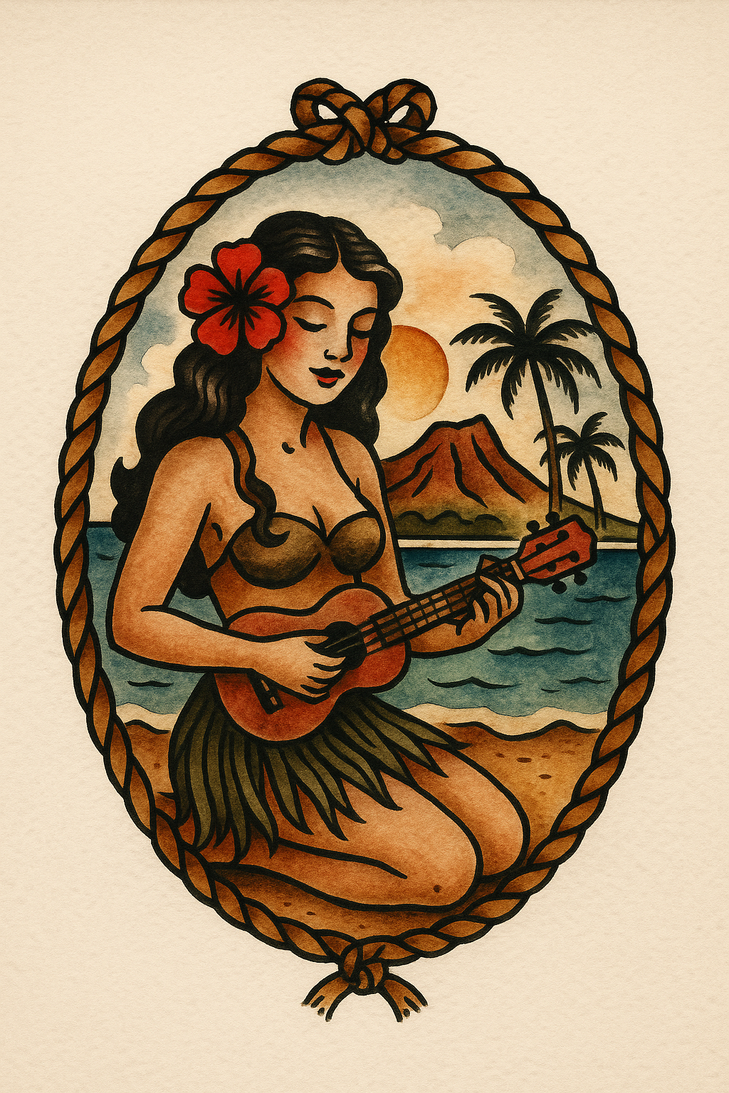 Hula dancer with ukulele on sandy beach, framed by palm trees and mountains in the background.