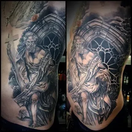 Realistic statue tattoo on side and rib cage with stained glass background, created at Aloha Tattoo in Waikiki