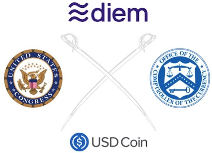 Diem USDC US Congress OCC Logos on White Background with Crossed Sabres
