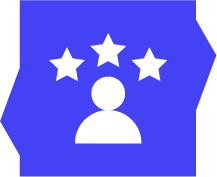 A blue icon with a person and three stars on it.