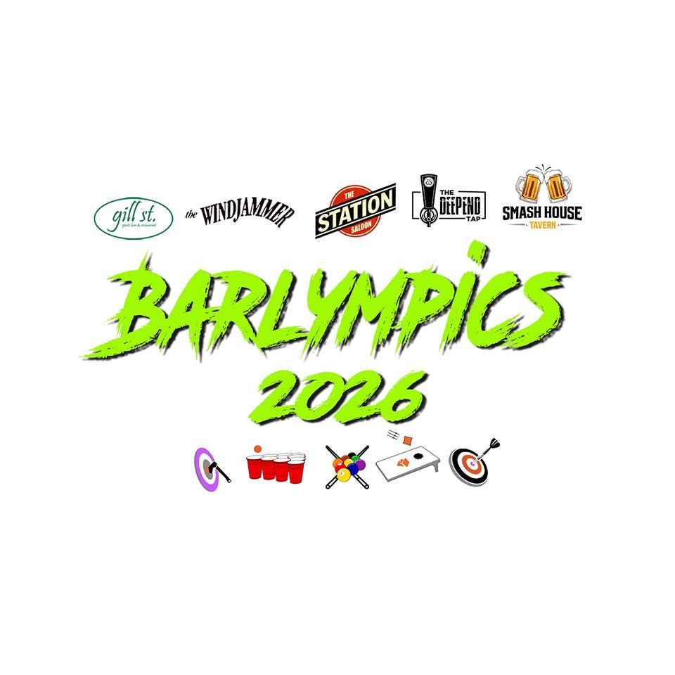 A logo for barlympics with a dart board and pool balls