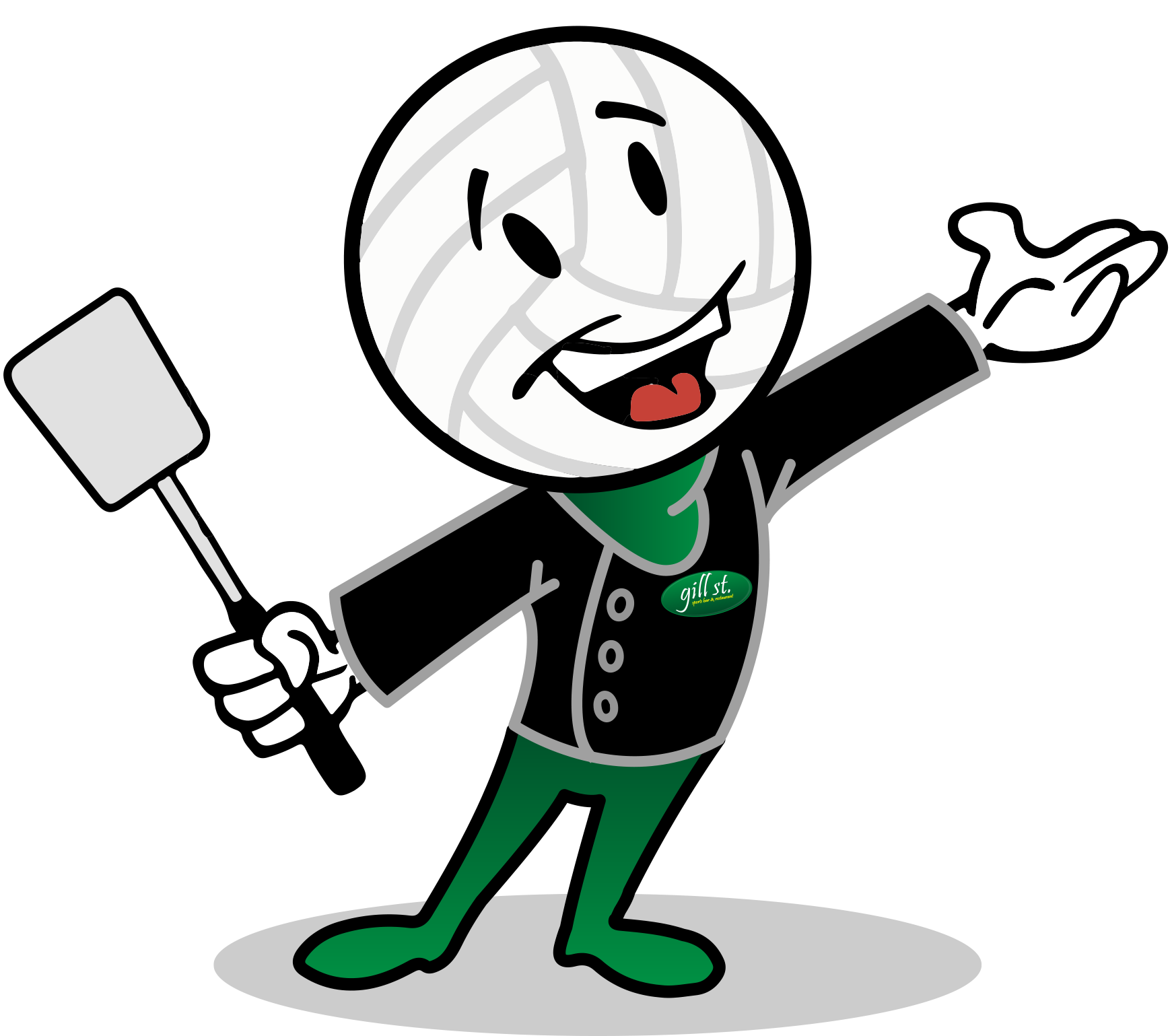 A cartoon character with a volleyball head is holding a spatula.