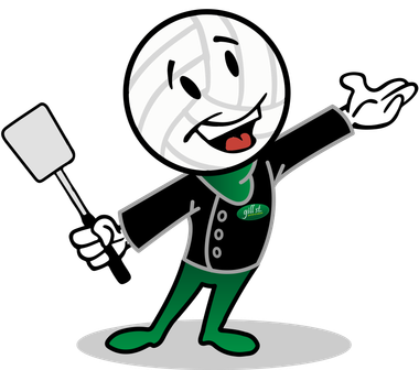 A cartoon character with a volleyball head is holding a spatula.