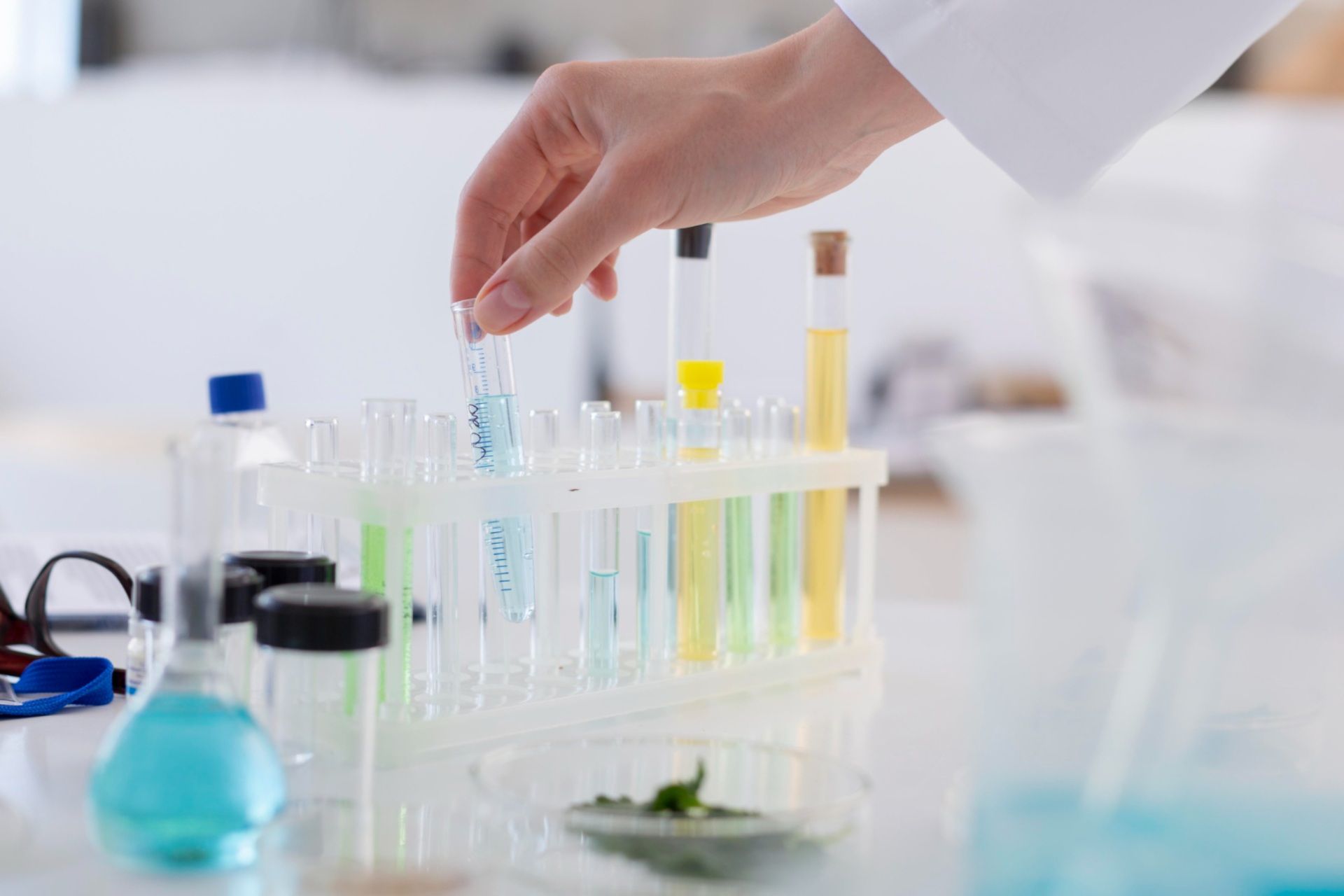 Person in lab coat placing a test tube with blue liquid into a rack on a lab bench with other colorful test tubes.