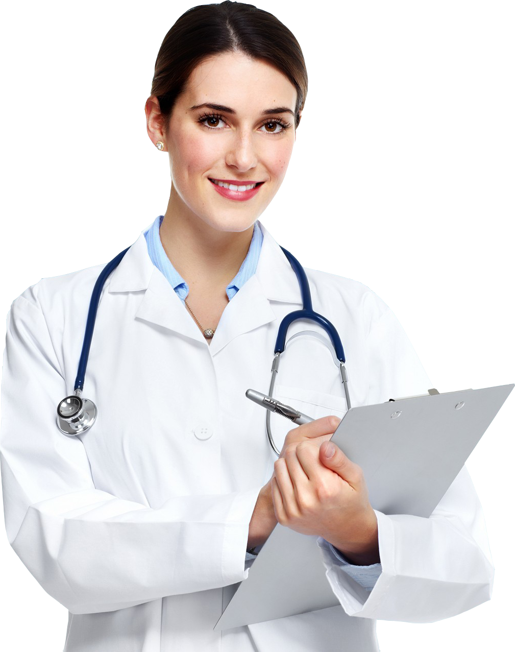 Female doctor in white coat with a stethoscope, holding a clipboard and smiling.