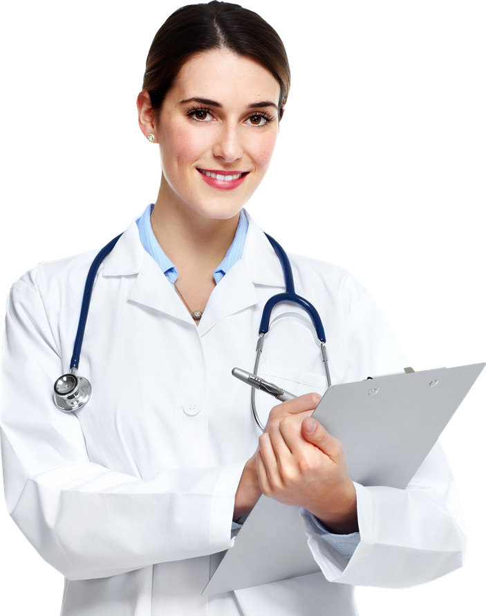 Female doctor in white coat with a stethoscope, holding a clipboard and smiling.