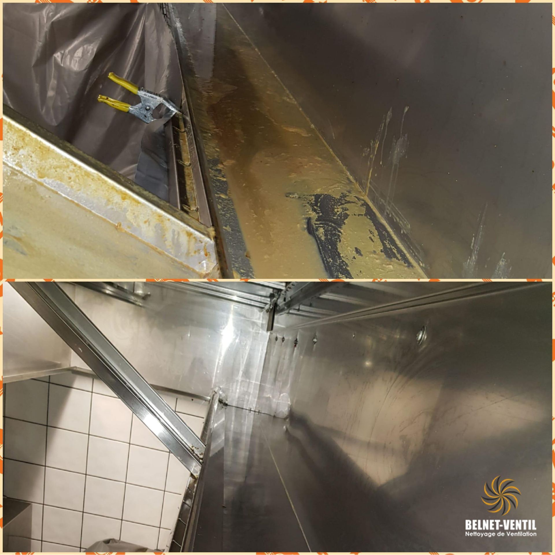 Une photo avant et après d'une hotte de cuisine en cours de nettoyage.