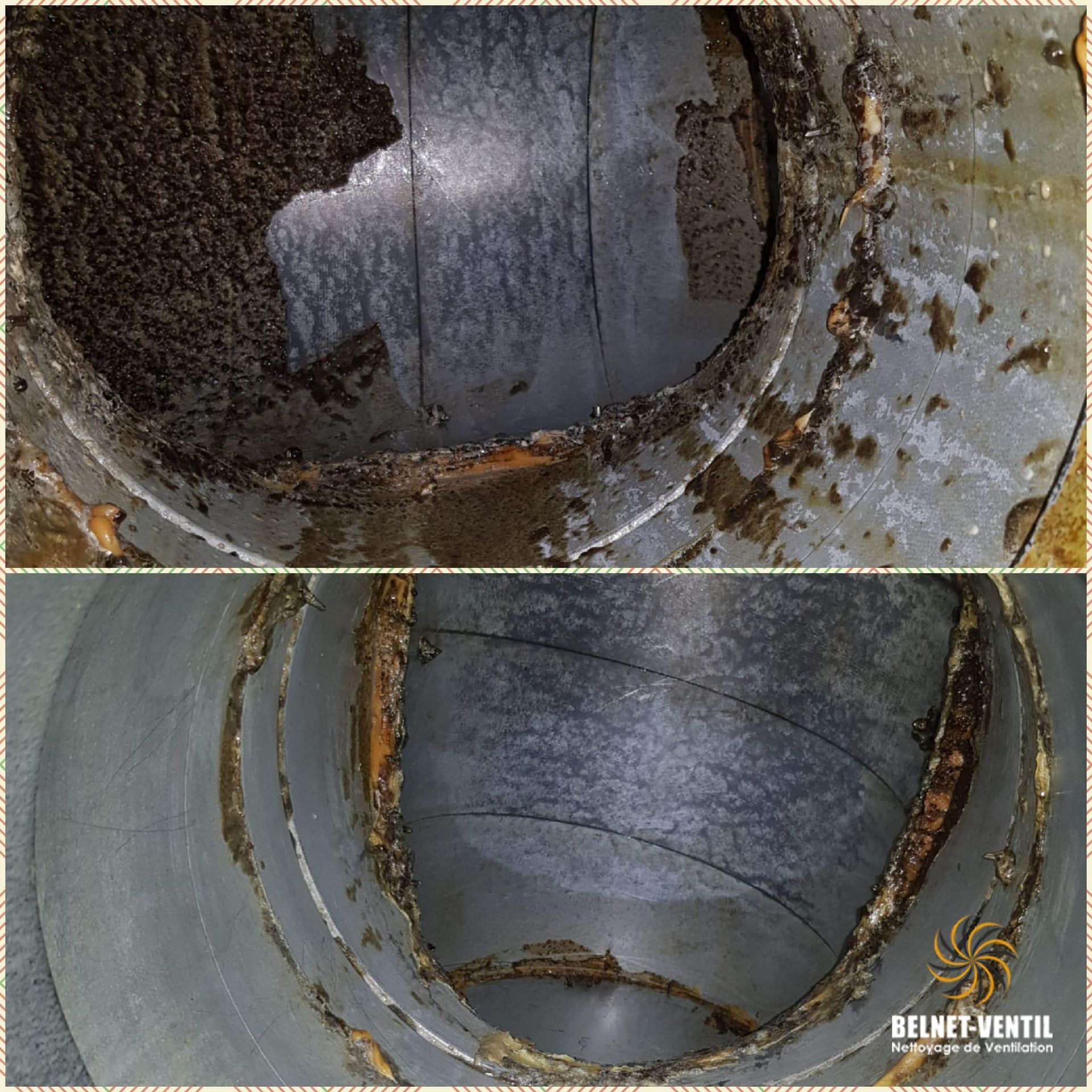 Une photo avant et après d'un tuyau en métal avec les mots belnet ventil en bas