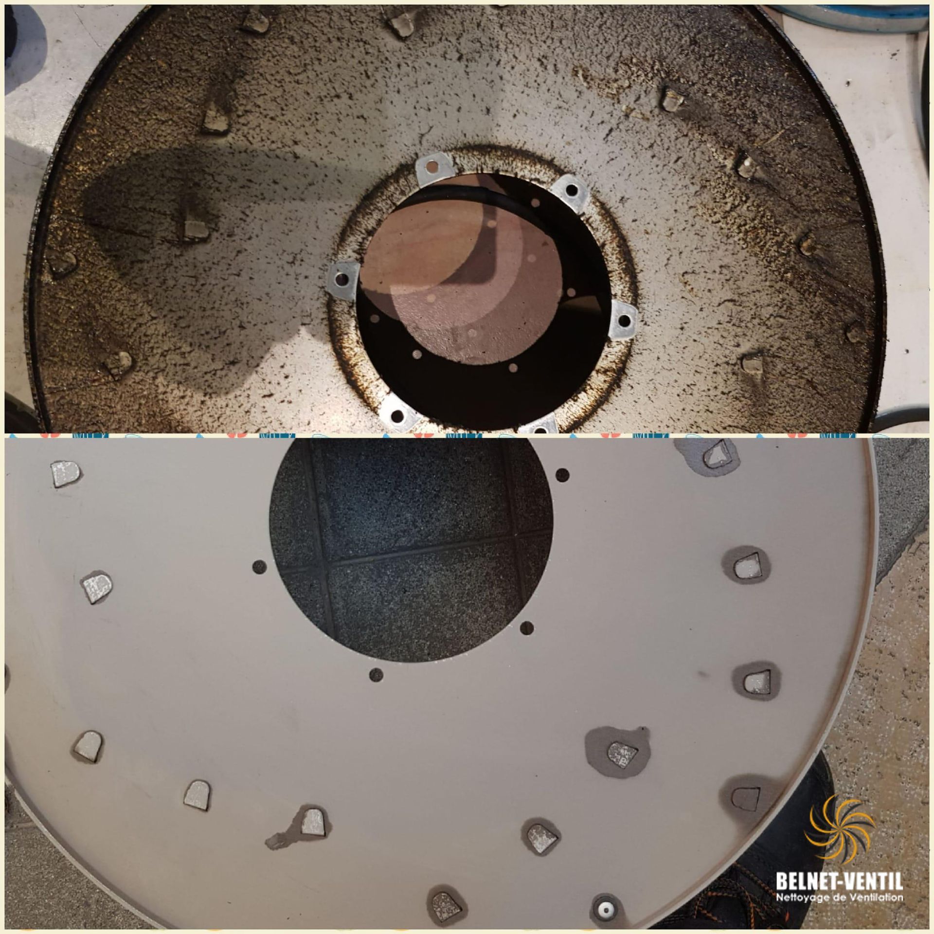 Une photo avant et après d'un objet circulaire sale
