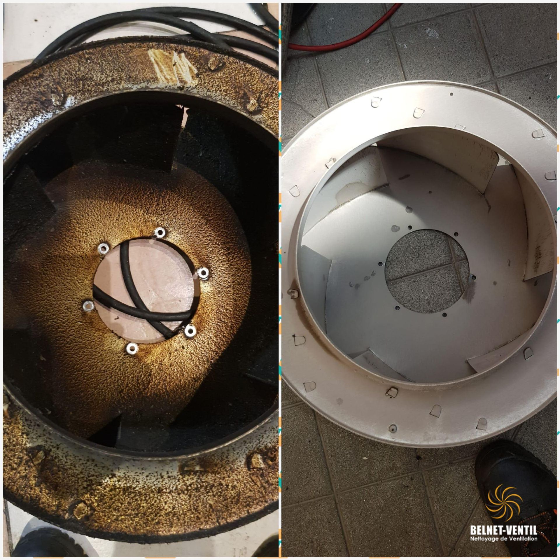 Une photo d'un ventilateur avant et après avoir été nettoyé.