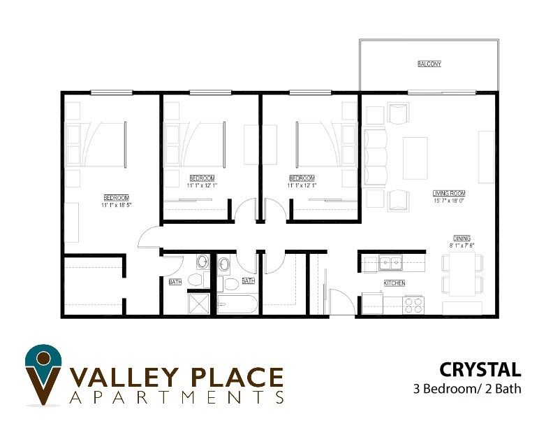 Crystal Floor Plan: 3 Bedroom / 2 Bathrooms