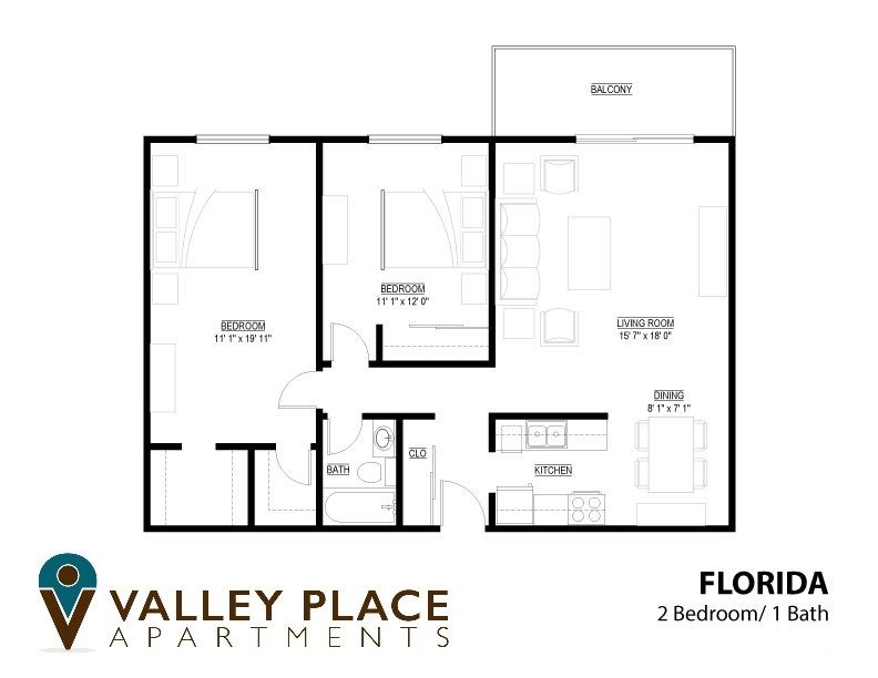 Florida Floor Plan: 2 Bedroom / 1 Bathroom