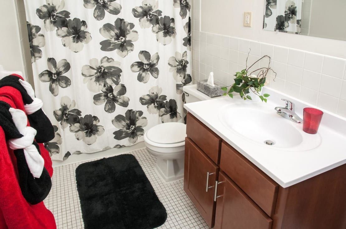 A bathroom with a black and white shower curtain