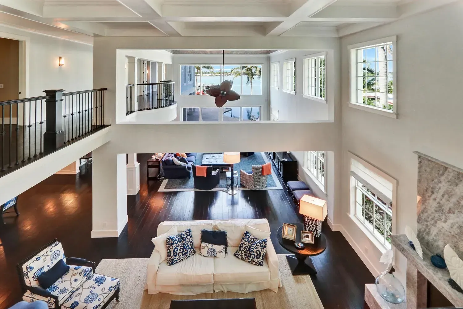 Beach house arial living room view Interior Design Lisa St. Amand Designs