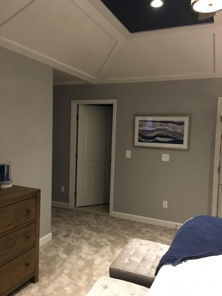 A bedroom with gray walls, a wooden dresser, a framed landscape painting, and an open doorway leading to a lit room.