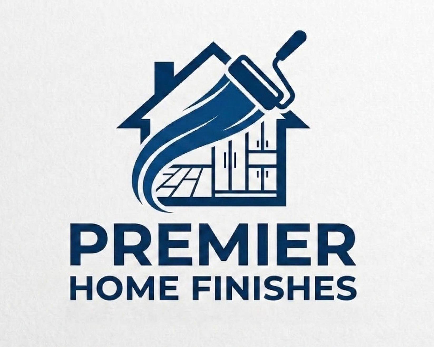 Dark blue logo for Premier Home Finishes featuring a house outline, a paint roller, and floor and cabinet illustrations.