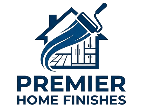 Logo for Premier Home Finishes featuring a house outline, a paint roller, and cabinetry in dark blue on a white background.