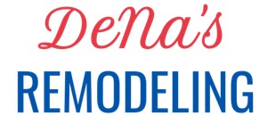A red , white and blue logo for dena 's remodeling