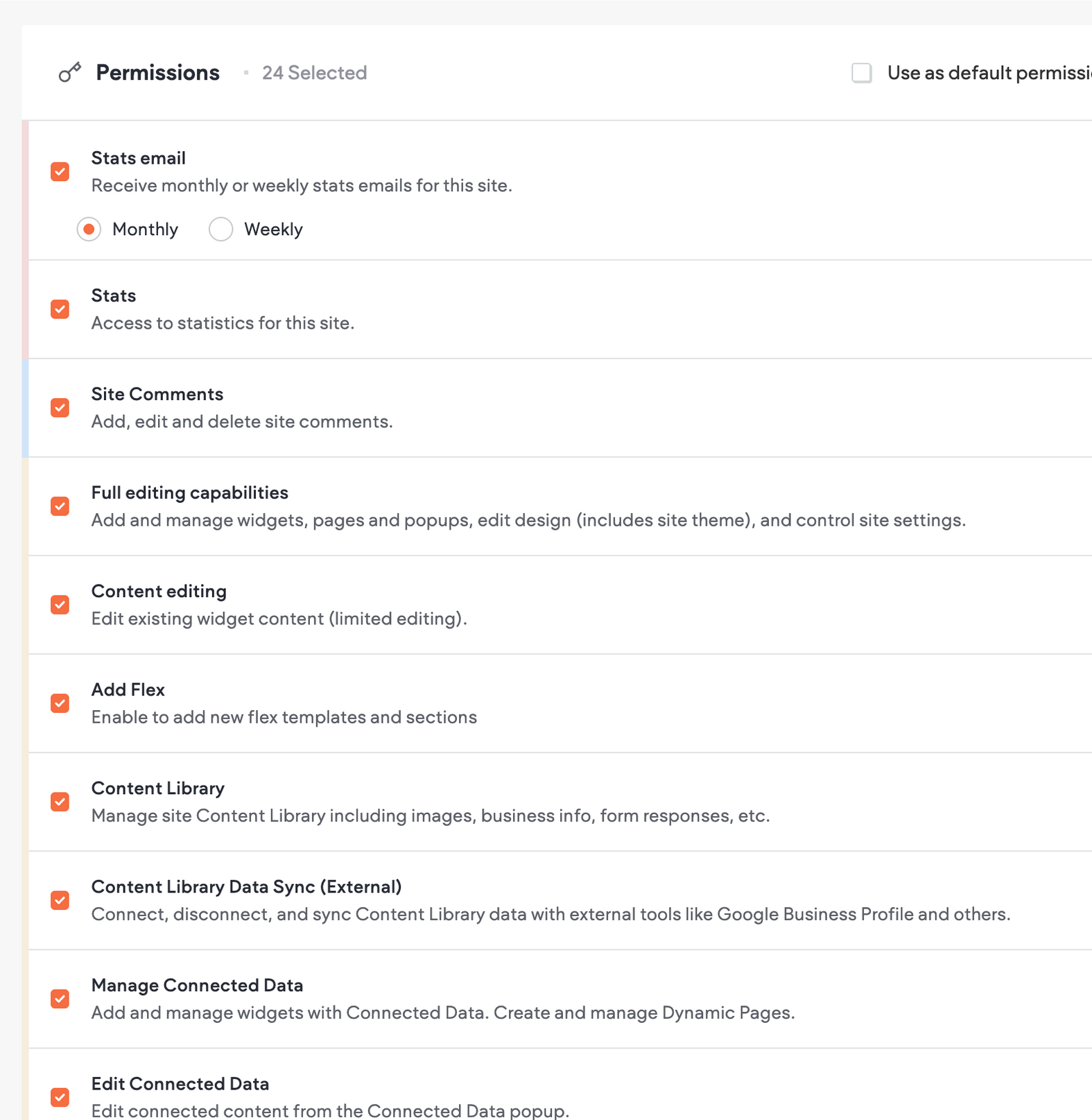A screenshot of Duda's UI showing the list of permissions you can toggle on and off for your clients
