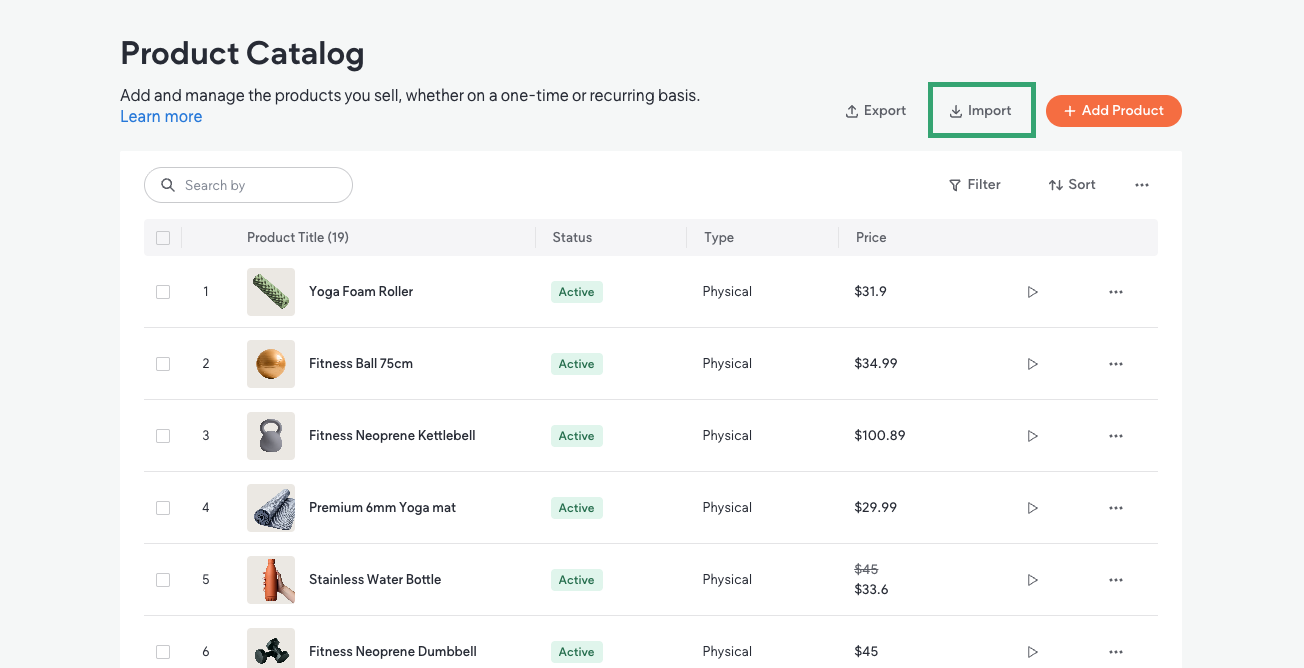 Product catalog page with the import button highlighted