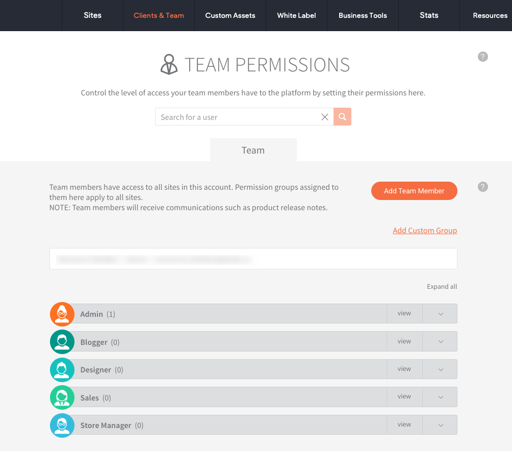 A screenshot of Duda's Team Permissions page.