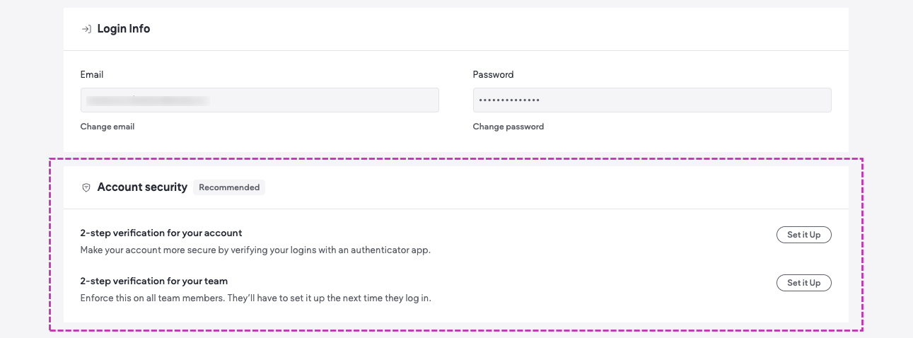 A screenshot of the Account security section underneath Account settings in the Duda platform