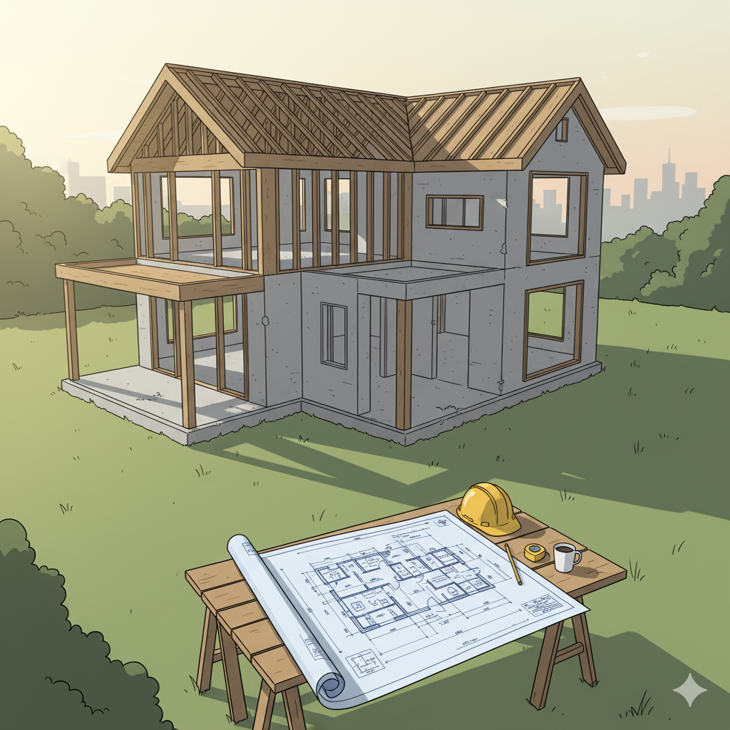 House under construction with blueprints, a hardhat, and coffee on a table in a yard.