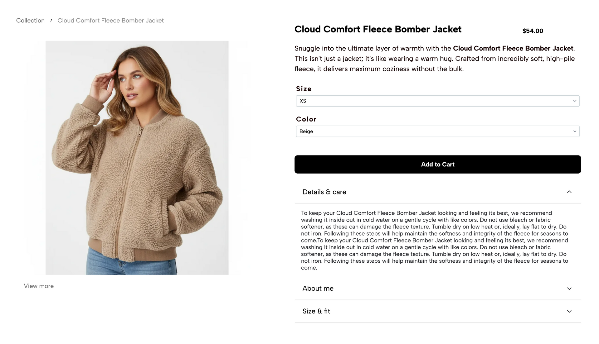This is a screenshot of a product page for a Fleece Bomber Jacket. The product image shows a woman wearing a tan, fleece, bomber jacket and the page is showing a product title, description, price, size dropdown, color dropdown, and add-to-cart button, and an accordion with additional information about the product.