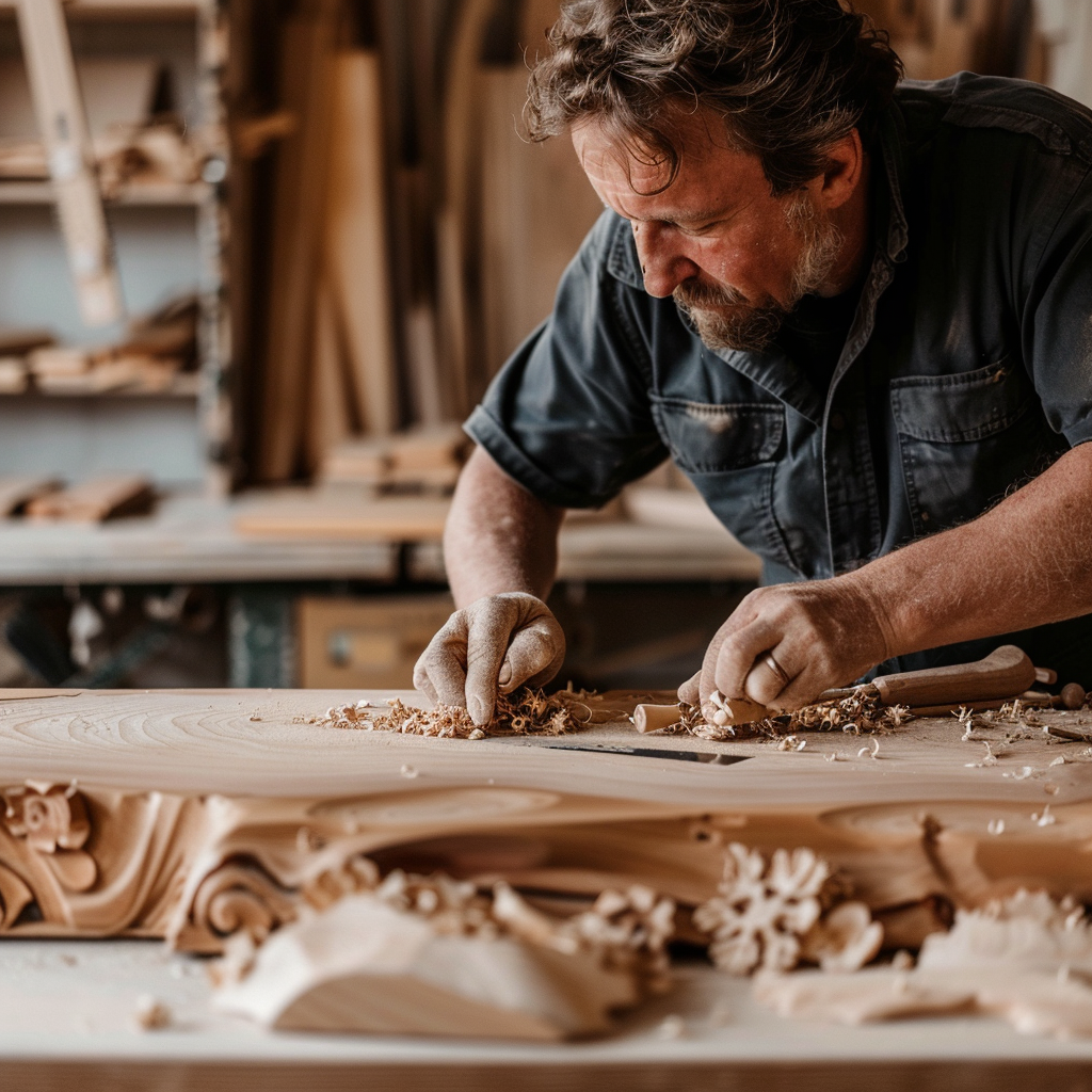 Business owner, Stefan, is working on a piece of wood in a workshop.