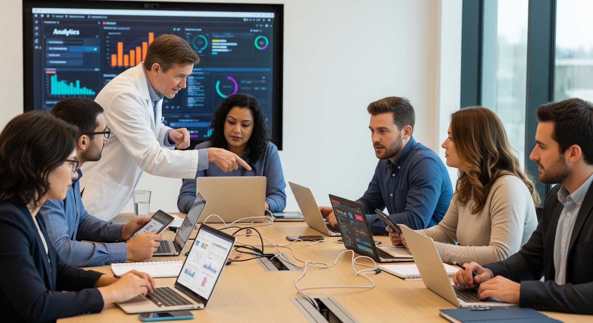 Diverse digital health team reviewing patient support data and treatment journey analytics in a mode