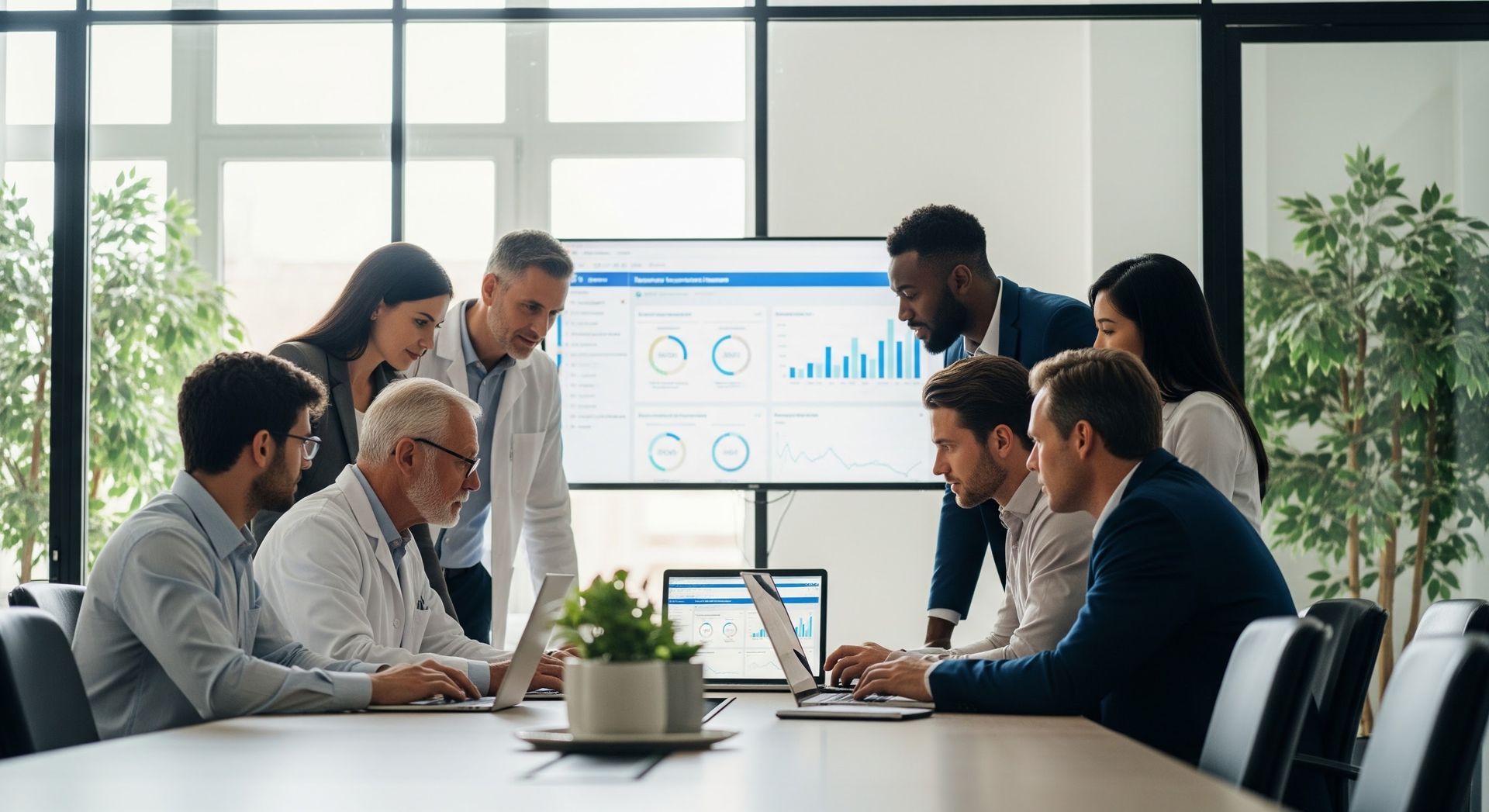 Diverse digital health team reviewing patient engagement data for a weight management platform
