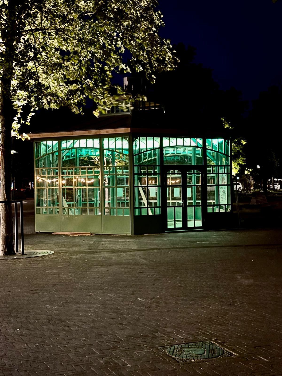 's Nachts is er een groene draaimolen verlicht in een park