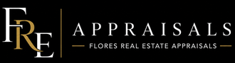Flores Real Estate Appraisals logo in gold and white on a black background.