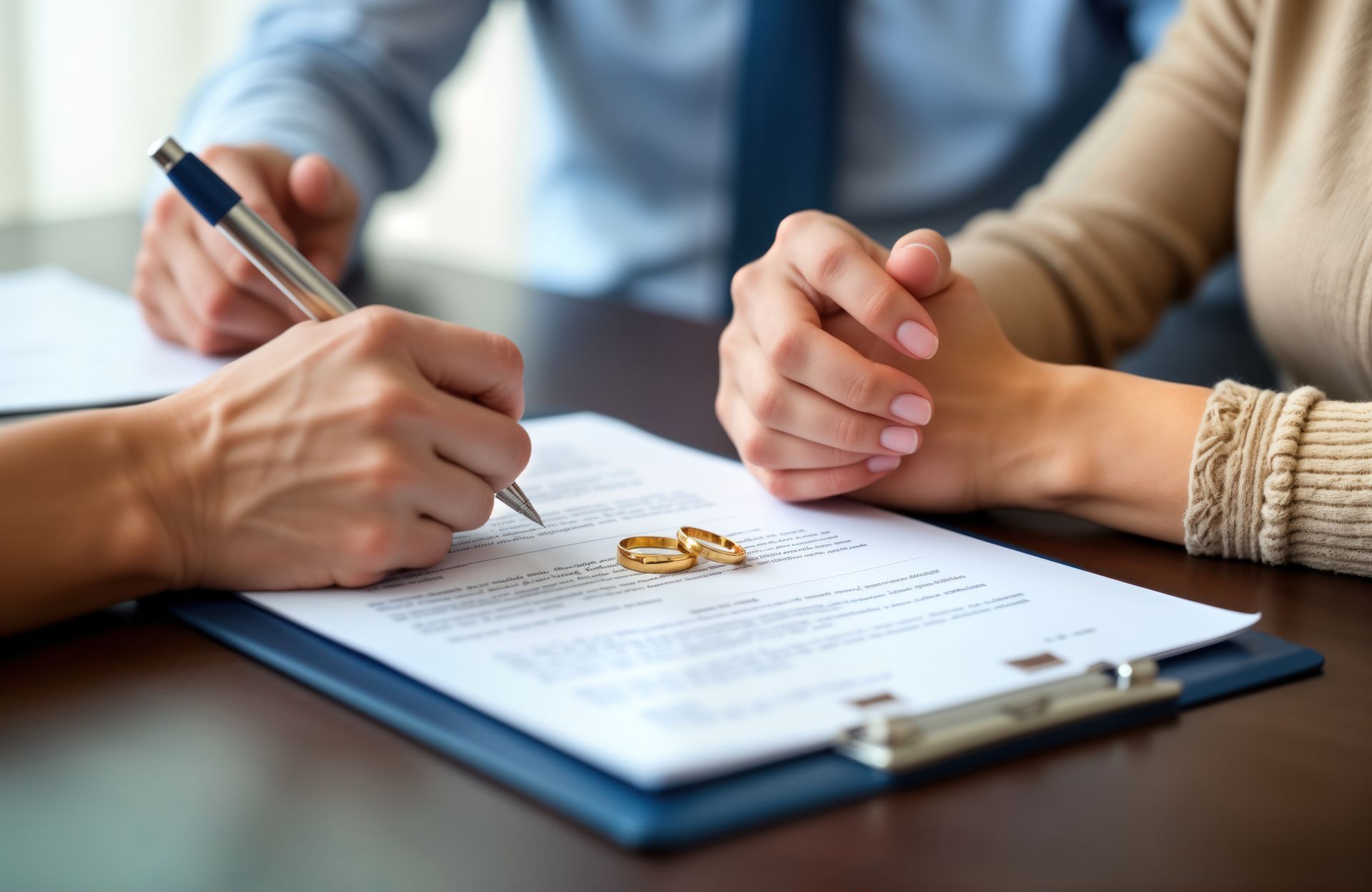 Hands signing a document on a clipboard with a pen at a desk