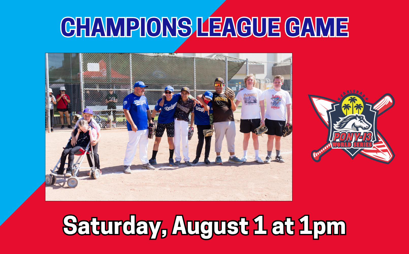 Champions League game poster with softball players, team logos, and date: Saturday, August 1 at 1 pm