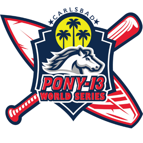Carlsbad Pony-13 World Series baseball logo with horse, bats, and red-white-blue crossed bats