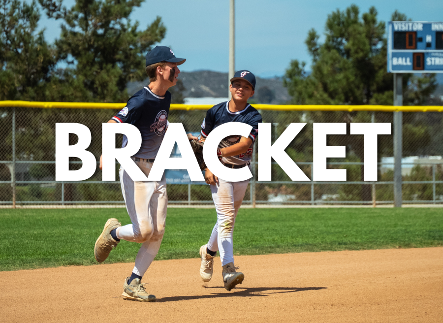 Two baseball players high-five on a dirt field, with “BRACKET” overlaid across the center.