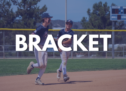Two baseball players running on a field with large white text reading “BRACKET”