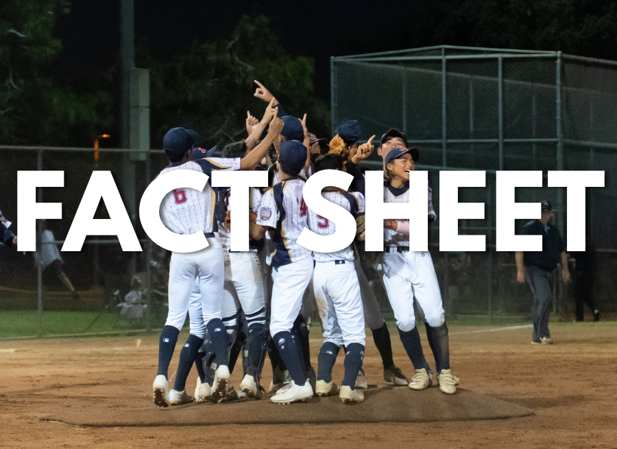 Baseball team celebrating on the field with large “FACT SHEET” text overlay