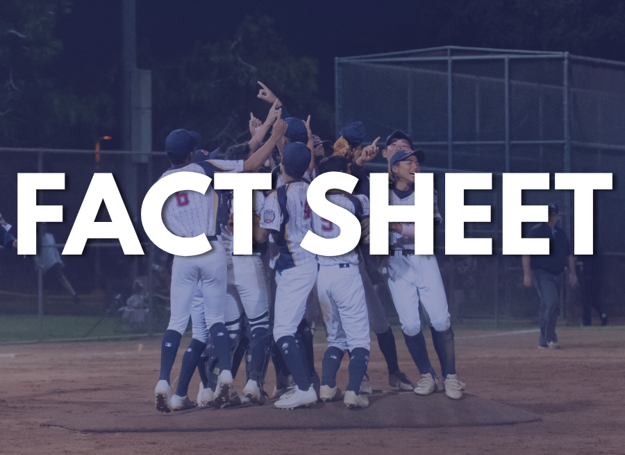 Baseball team huddles on the field under large “FACT SHEET” text.