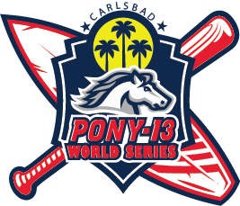 Carlsbad Pony-13 World Series baseball logo with crossed bats, horse head, and palm trees