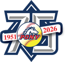 PONY 75th anniversary logo with baseball and years 1951 and 2026 on a navy and gray emblem