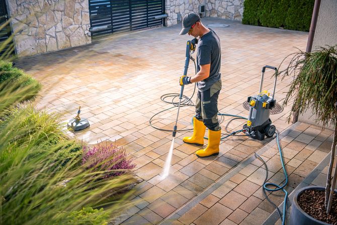 Man pressure washing a brick patio, wearing yellow boots, near plants and a house.